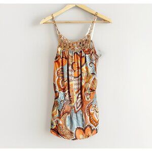 Anna Paul Floral Silk Crochet Beaded Top Large Sleeveless Resort Vacation